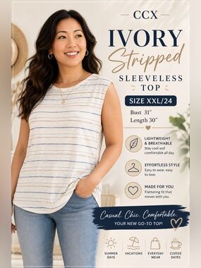 CCX Ivory Stripped sleeveless XXL Top Bust 31” Length 30”